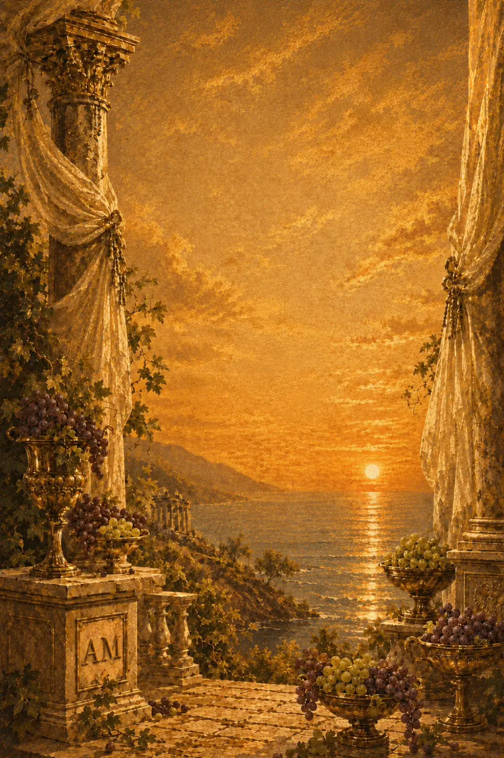 Terrasse antique aux vasques de raisin face au soleil couchant