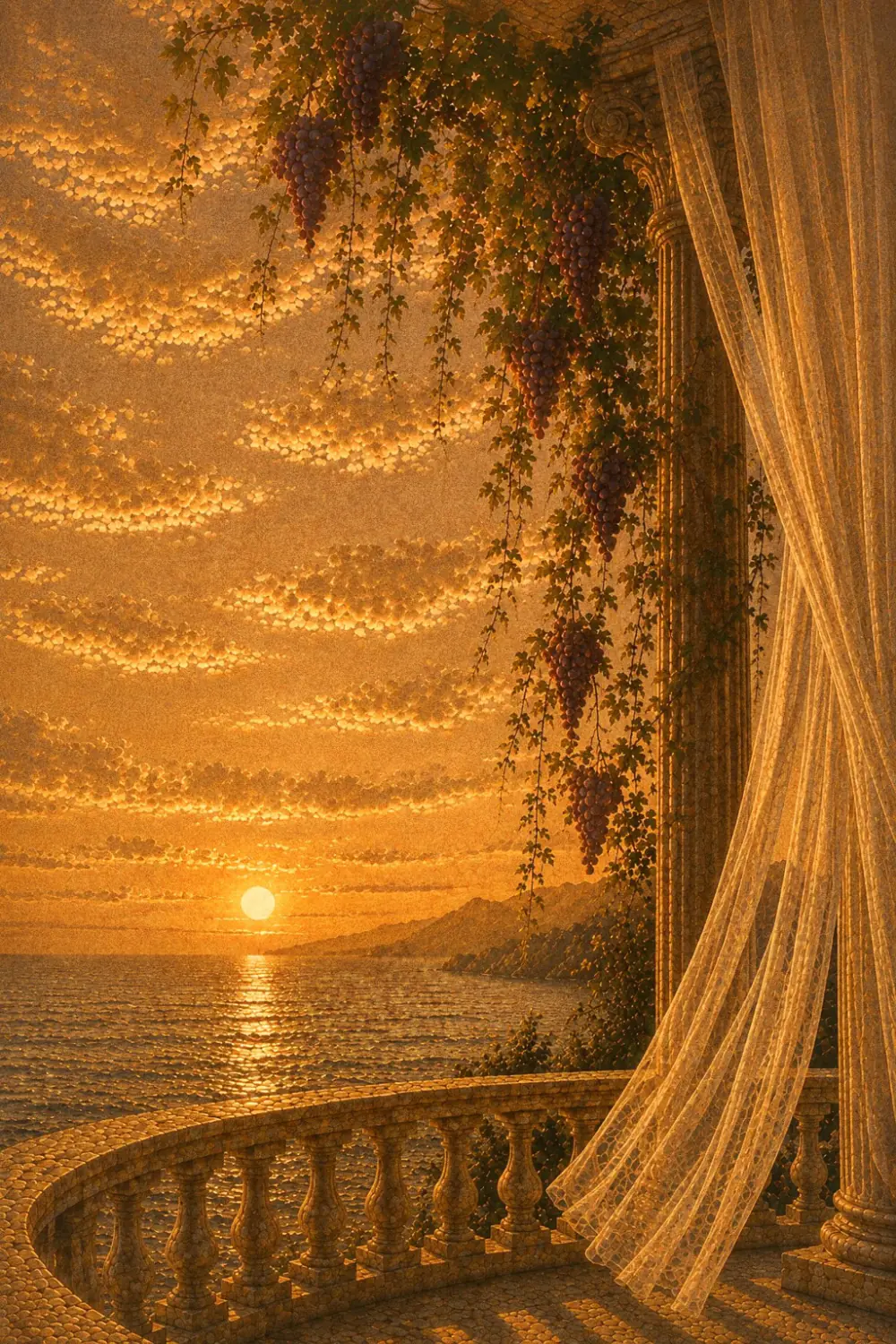 Balcon antique surplombant la mer au coucher du soleil
